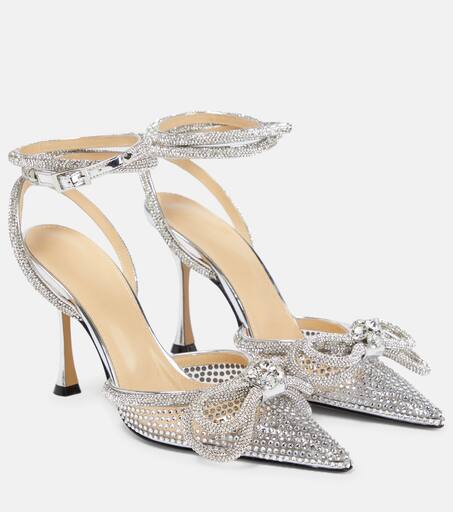 【Mach & Mach】ボウチェーン embellishedサテンプラットフォー Double Bow embellished satin pumps in black - Mach Mach