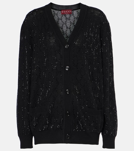 【送料&関税込】Gucci Black Viscose Blend Cardigan GG Crystal wool cardigan in black - Gucci | Mytheresa