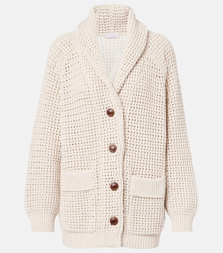 Open-knit cotton-blend cardigan in beige - Brunello Cucinelli