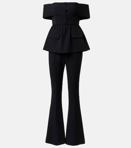 Off-shoulder peplum crêpe jumpsuit in black - Self Portrait