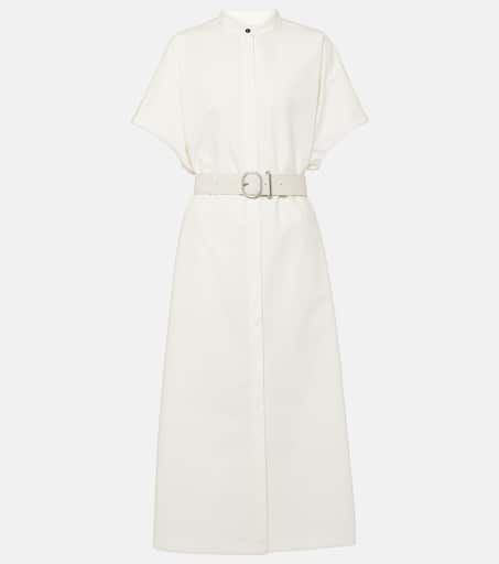 Belted leather-trimmed cotton midi dress in white - Jil