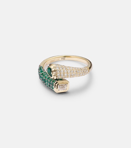Mixed Bypass 18kt gold ring with emeralds and diamonds