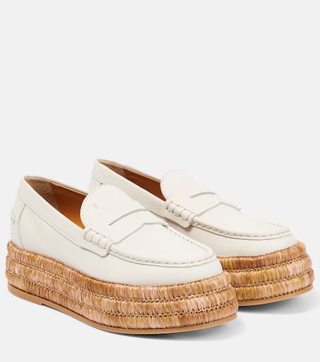 Leather and raffia platform loafers in white - Tods | Mytheresa