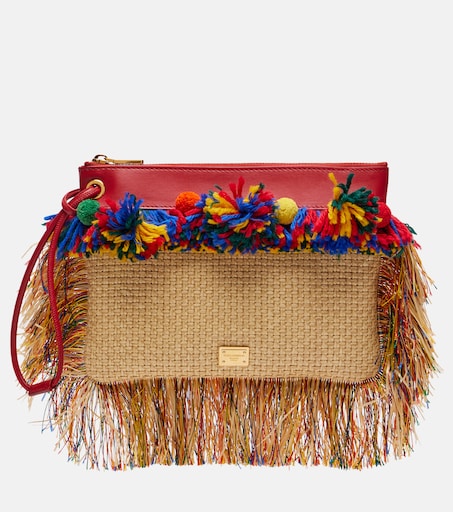 Fringed woven leather-trimmed pouch in red - Dolce Gabbana | Mytheresa