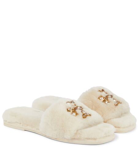 Embellished Shearling Slides in White - Tory Burch | Mytheresa