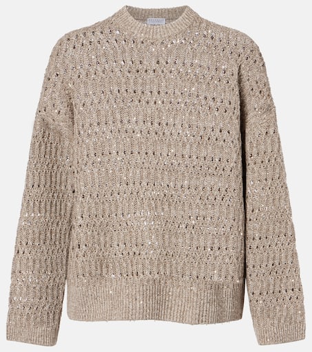 Sequined linen-blend sweater in brown - Brunello Cucinelli | Mytheresa