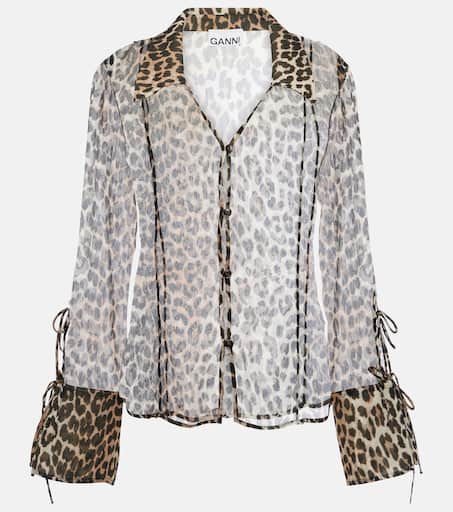 Tシャツ・カットソー Ganni FW25 LEO CHIFFON SHIRT (W05706873 943) Leopard Leopard Print Chiffon Tie String Shirt | GANNI US