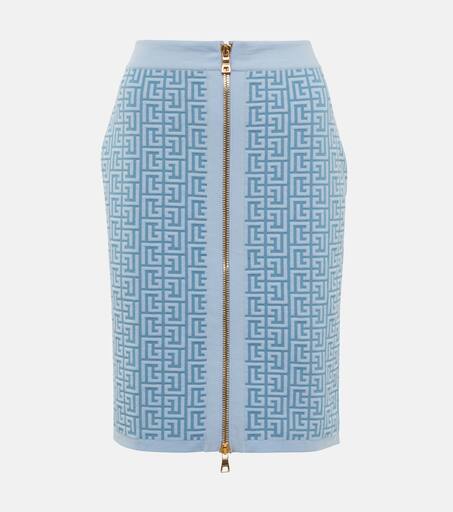 Monogram wool-blend miniskirt in blue - Balmain | Mytheresa
