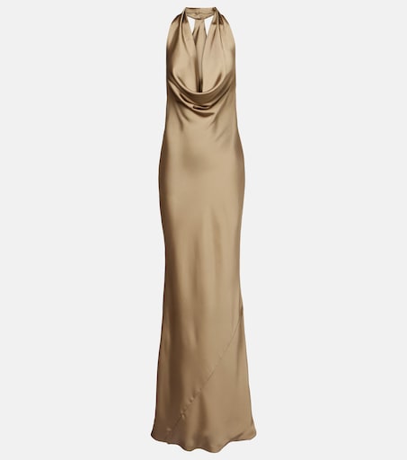 Draped halterneck satin gown in beige - Norma Kamali | Mytheresa Draped halterneck satin gown in beige - Norma Kamali | Mytheresa