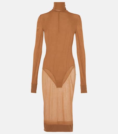 Sheer turtleneck jersey midi dress in brown - Saint Laurent