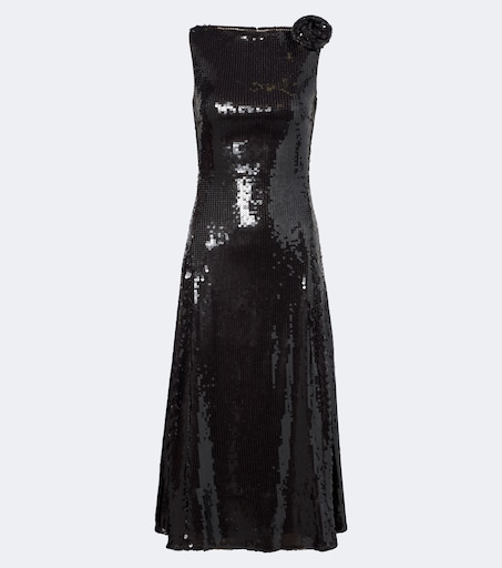 Floral-appliqué sequined cocktail dress