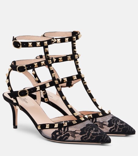Rockstud lace and suede pumps in black - Valentino Garavani