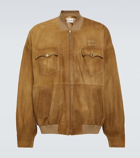 Logo suede bomber jacket in brown - Miu Miu | Mytheresa