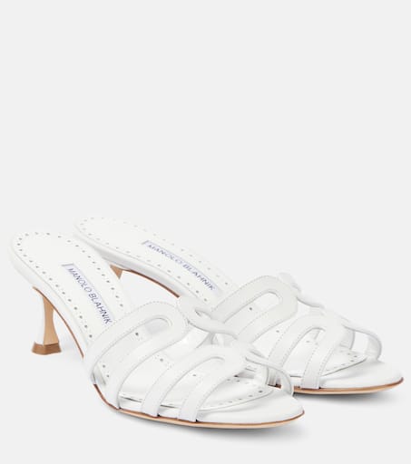 y*e様 Manolo Blahnik カットアウト レザーサンダル ホワイト Manolo Blahnik - Kalun Cutout Patent Leather Sandal, 105mm