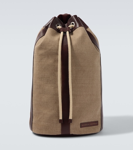 Leather-trimmed canvas backpack in brown - Brunello Cucinelli