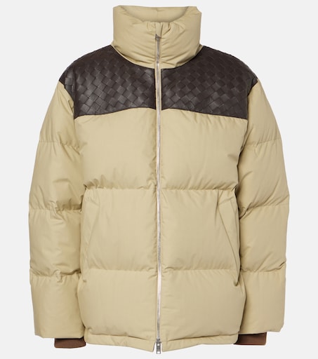Intrecciato leather-trimmed down jacket in beige - Bottega Veneta
