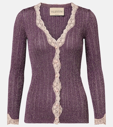 VALENTINO レースニット Lace-trimmed cardigan in purple - Valentino | Mytheresa