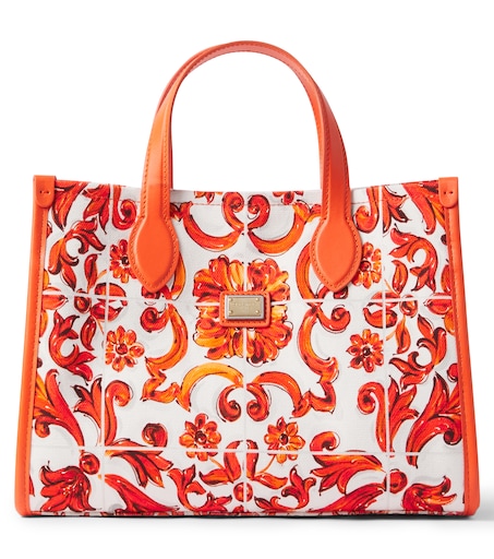 Majolica leather-trimmed canvas tote bag in orange - Dolce Gabbana