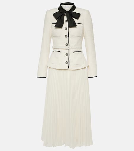 Plissé bouclé and chiffon midi dress in white - Self