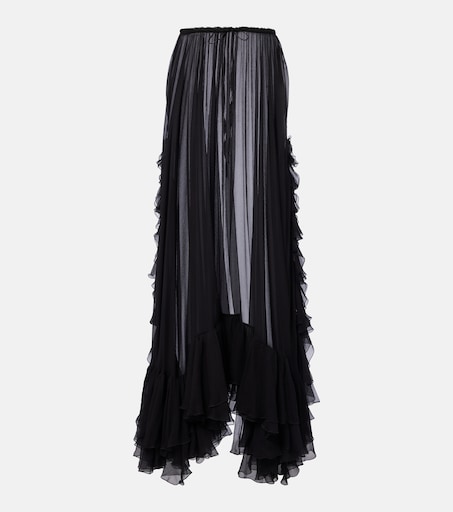 Ruffled sheer silk maxi skirt