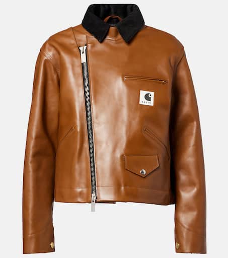 x Carhartt asymmetric leather jacket in brown - Sacai | Mytheresa