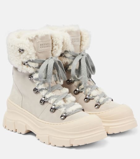 Shearling-lined suede lace-up boots in grey - Brunello