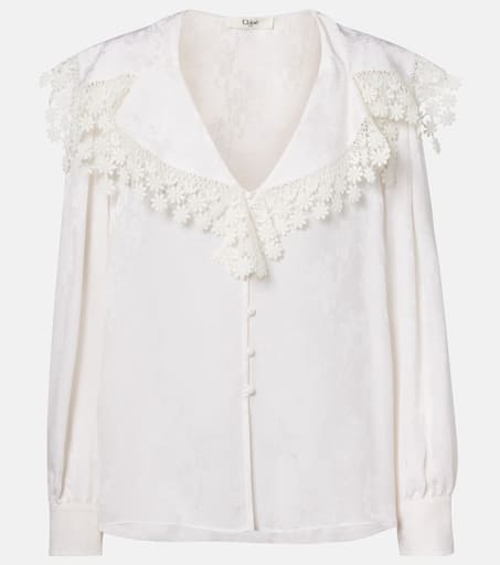 Lace-trimmed floral jacquard silk blouse in white - Chloe | Mytheresa