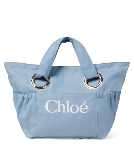 【K.yu】Chloé かごバッグ ライトブルー Logo leather-trimmed canvas basket bag in blue - Chloe Kids