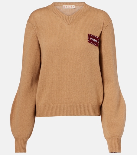 MARNI - マルニ MARNI カシュクール ニット セーター ウール 長袖 42 ベージュ Patch-appliqué cashmere sweater in brown - Marni | Mytheresa