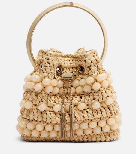 Bon Bon Small beaded raffia bucket bag in beige - Jimmy Choo