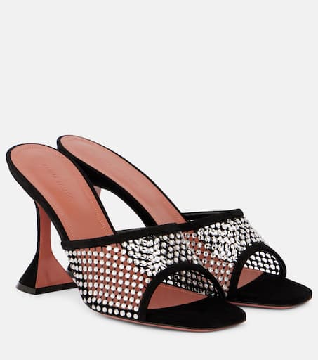 サンダル・ミュール AMINA MUADDI Black Mesh Lupita Crystal Mules Lupita Crystal Net Slipper Black Suede And White Crystals