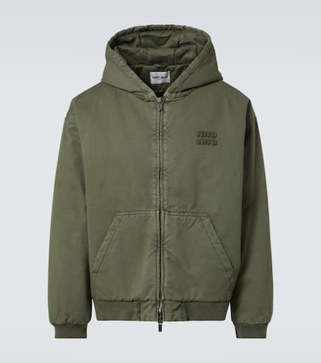 Logo cotton gabardine zip-up hoodie in green - Miu Miu