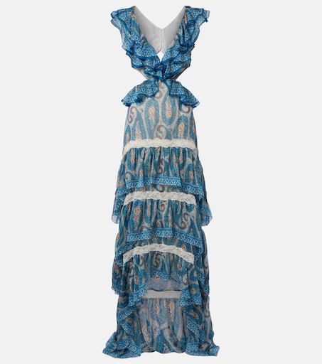 Paisley lace-trimmed ruffled silk maxi dress in blue - Etro | Mytheresa