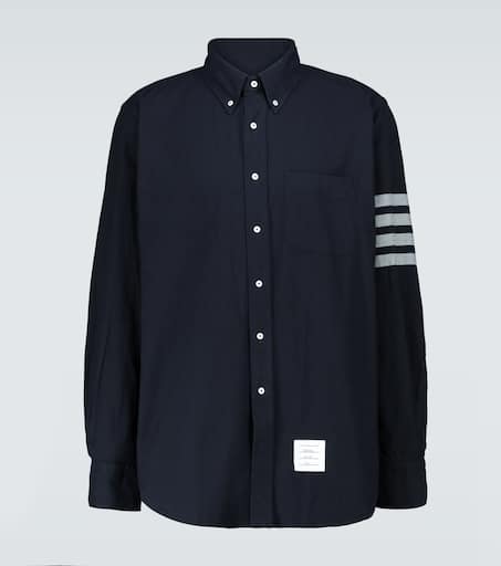 【送料&関税込】Thom Browne Dark Blue Cotton Oversize Cardig 4-Bar cotton long-sleeved shirt in blue - Thom Browne