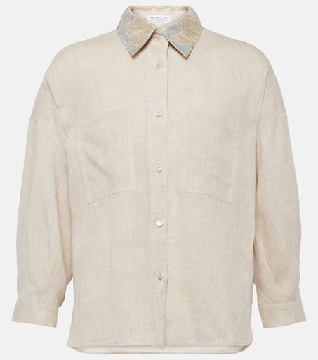 【関税＆送料込み】Brunello Cucinelli Linen Shirtdress BRUNELLO CUCINELLI Oversized bead-embellished striped linen