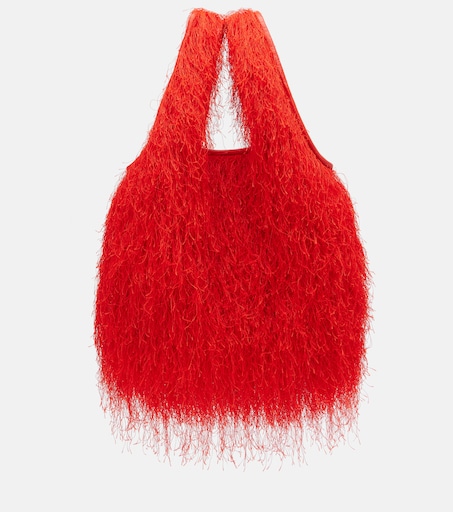 DRIES VAN NOTEN キャンバス レザー ボストンバッグ レッド Marche Medium fringed top-handle bag in red - Dries Van Noten