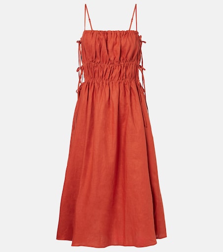 Eze ruched linen midi dress in orange - Asceno | Mytheresa