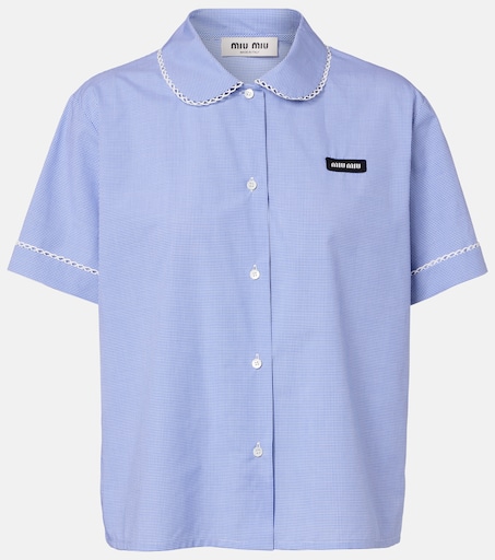 Gingham lace-trimmed cotton poplin shirt in blue - Miu Miu | Mytheresa
