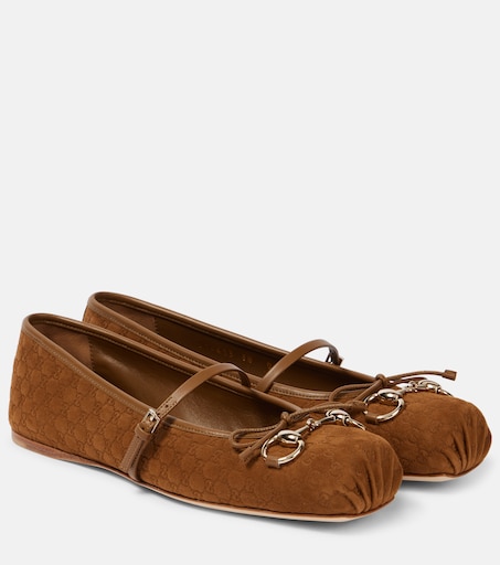 靴 GUCCI GG suede flat shoes Gucci Horsebit GG suede ballet flats in brown - Gucci | Mytheresa