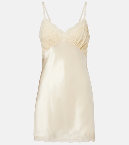 Lace-trimmed silk satin slip dress in yellow - Saint Laurent | Mytheresa