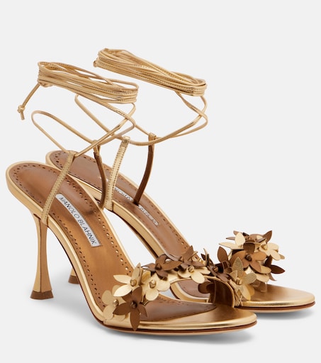 Anista floral-appliqué leather sandals in gold - Manolo Blahnik