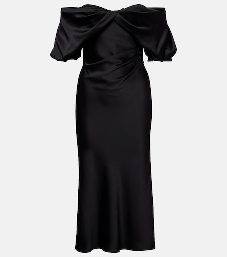 Draped off-shoulder satin midi dress in black - Mc Queen | Mytheresa Draped off-shoulder satin midi dress in black - Mc Queen | Mytheresa