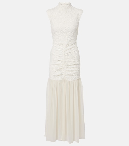 Ruched lace-trimmed maxi dress