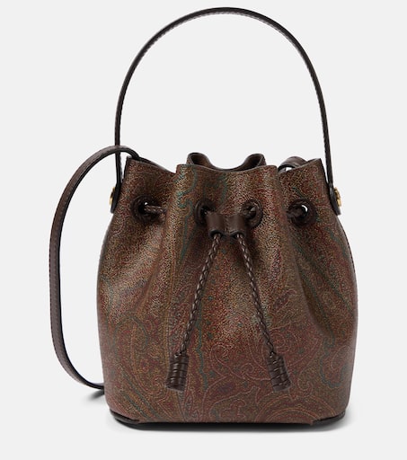 Mini paisley jacquard and canvas bucket bag in brown - Etro