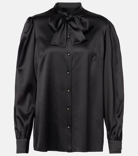 Tie-neck silk-blend satin blouse in black - Dolce Gabbana