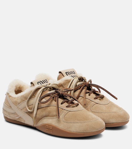 Gymnasium shearling-lined suede sneakers in beige - Miu Miu
