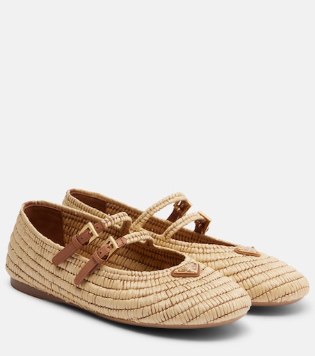 Crochet leather-trimmed Mary Jane flats in beige - Prada | Mytheresa