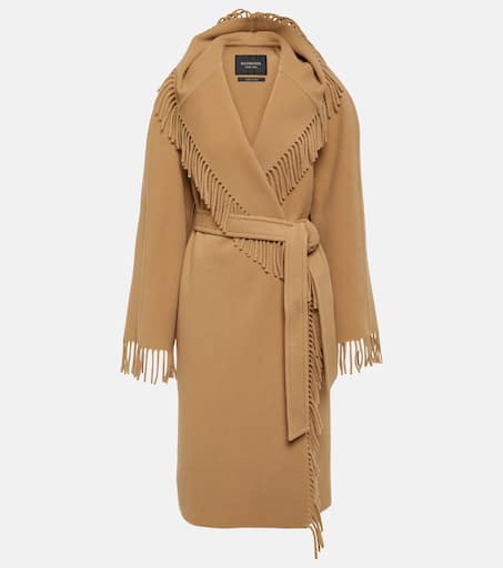 Fringed wool wrap coat in beige - Balenciaga | Mytheresa