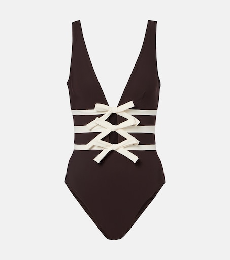 Lenora bow-detail swimsuit in brown - Karla Colletto | Mytheresa