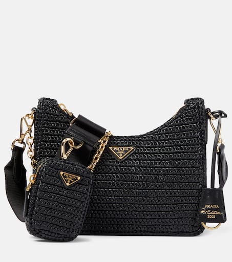 Small crochet raffia shoulder bag in black Prada Mytheresa
